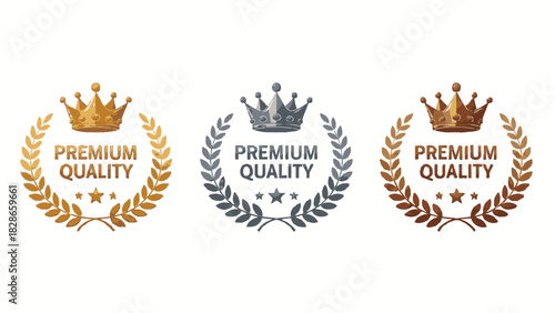 Celebrate premium quality with these stunning golden, silver, and bronze crown laurel wreaths, a symbol of excellence, achievement, and luxury branding