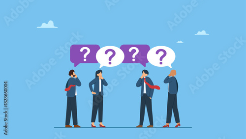 Diverse business people employee ask questions with question mark signs. Ask questions for help or solution, confusion, doubt or query for answer and information, business discussion to solve problem.