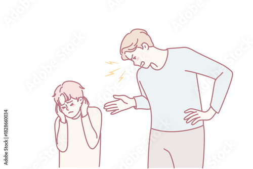 Angry father scream scold small unhappy kid covering ears from aggression. Mad aggressive parent lecture shout at unhappy little son, avoiding domestic violence. Vector illustration.