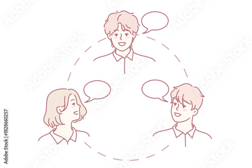 Businesspeople in circle communicate with each other. Smiling employee or workers involved in etambuilding or brainstorming. Teamwork and cooperation. Vector illustration.