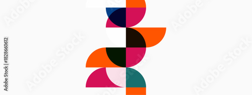 Abstract geometric shapes stacked vertically. Colors include pink, orange, teal, black, plus white background. Modern design element.