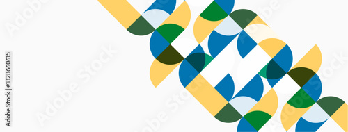 Abstract pattern features overlapping semicircles. Colors include blue, green, brown, yellow. Minimalist design, clean aesthetic.