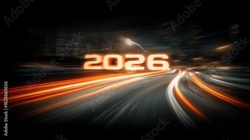 Glowing numerals representing the year twenty twenty six dominate a dynamic urban speed scene