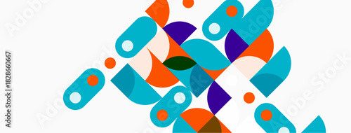 Abstract geometric shapes overlap, creating vibrant pattern. Colors include teal, orange, purple, white. Modern design element.