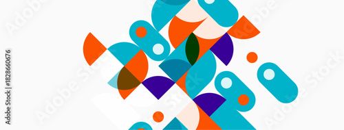 Abstract geometric shapes overlap, creating colorful composition. Circles, ovals, curves dominate design. Modern, playful aesthetic.