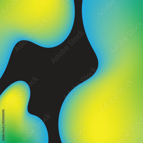 Abstract fluid shapes in vibrant yellow, green, and blue blend with bold black accent, creating dynamic and modern design