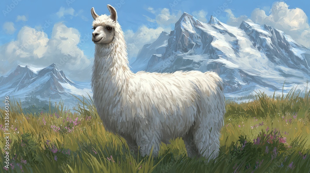 Obraz premium Fluffy white camelid stands in a grassy alpine meadow with snowy peaks in the background