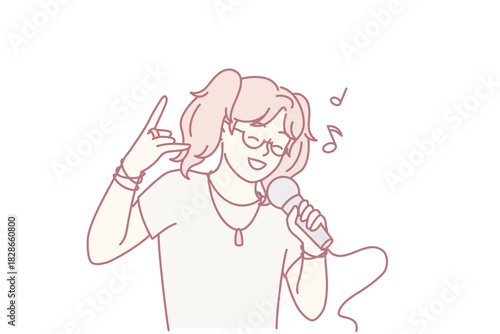 young person singing into microphone, sketch-style line art of aspiring pop singer practicing karaoke in cozy bedroom, ponytail and glasses, enthusiastic rock hand gesture, smiling