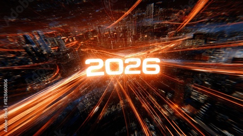 Glowing numerical designation hovers above a dynamically blurred cityscape with streaks of intense light