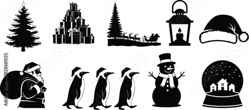 Christmas silhouette set santa snowman penguins gifts tree and globe