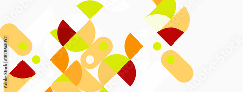 Abstract geometric shapes, warm colors dominate. Composition features overlapping circles, segments, rounded rectangles. Minimalist design, clean aesthetic.