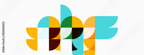 Abstract geometric shapes overlap, creating colorful composition. Warm, cool tones blend, forming modern design. Simple forms suggest movement.