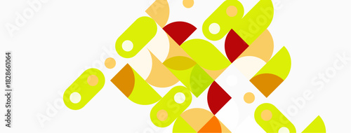 Abstract geometric shapes overlap, creating vibrant composition. Yellows, oranges, reds dominate neutral background. Modern design element.