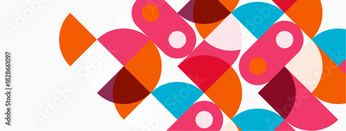 Abstract geometric shapes overlap, creating vibrant colorful composition. Circles, semicircles, pinks, reds, oranges dominate design. Modern aesthetic.