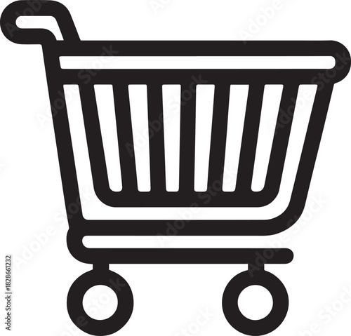 Black and white shopping cart icon with handle and wheels.