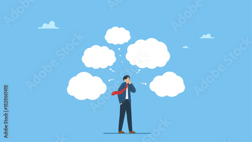 Businessman thinking with many thinking bubbles. Too many thinking ideas, overwhelmed issues or busy problem to be solved, contemplation solutions for troble, concerned or anxiety.