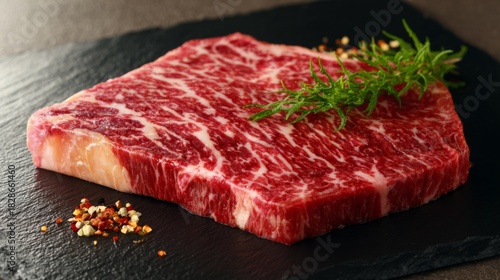 High-quality raw marbled beef steak on slate with seasoning and fresh greenery ready to be cooked for a delicious meal or grill preparation