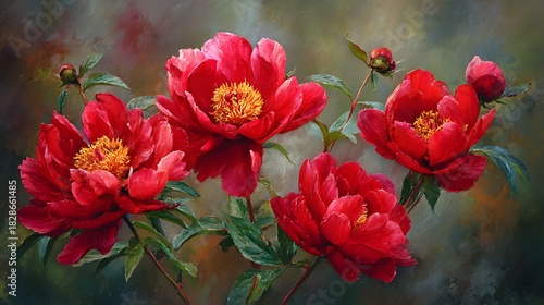 Fototapeta Naklejka Na Ścianę i Meble -  Elegant Ruby Red Peonies in a Vibrant Artistic Composition Highlighting Intricate Petals and Luminous Details in a Refined Floral Portrait
