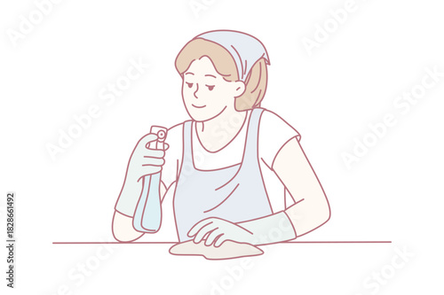 woman wiping surface with cloth and spray bottle, focused cleaning action in domestic or hospitality context gentle illustration highlights care, routine, and practical service work