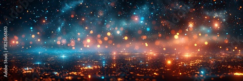 Panoramic view of a city at night, illuminated by countless glowing lights and stars