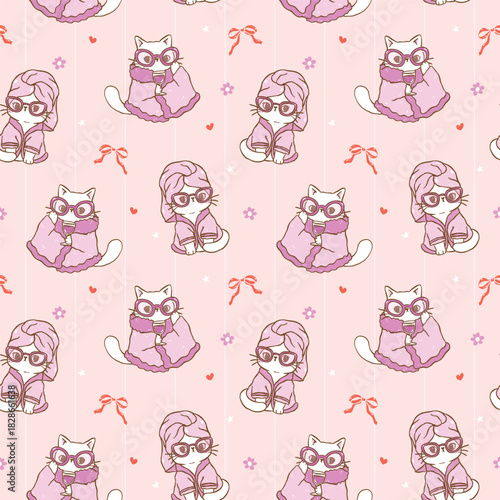 Cute Retro Coquette Girly Self Care Cat Seamless Pattern Cartoon Hand Drawn Repeat Background