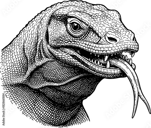 Black and white Komodo dragon head illustration, vintage style
