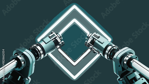 Two robotic arms extending towards a glowing square frame in a stylized teal and white scene