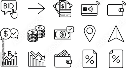 Financial Bidding, Payment Methods, Location Tracking, Cryptocurrency Trading, and Market Recession Outline Line Icons