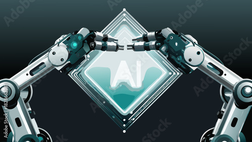 Two robot arms reaching towards a central ai symbol against a dark background and diamond shape frame