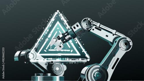 Robotic arm assembling a glowing triangular structure with intricate internal components and futuristic design