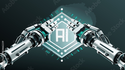 Ai interface with robot hands reaching towards the center of the screen displaying ai technology