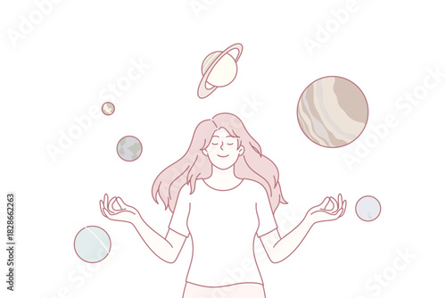 Calm happy girl meditate surrounded by planets. Young woman enjoy meditation dreaming or visualizing. Cosmos and universe. Astronomy concept. Flat vector illustration.