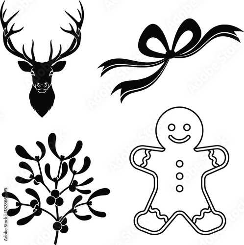 Christmas holiday vector design elements deer bow mistletoe and gingerbread man