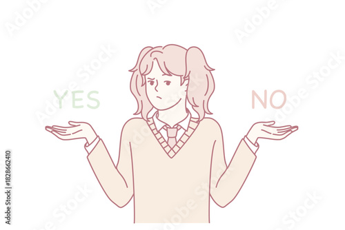 woman balancing yes and no options with shrugging palms, undecided expression, school uniform detail, subtle pastel palette, decision moment for voter or student facing dilemma