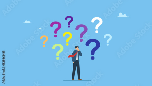 Contemplation businessman thinking with question marks. Ask questions, FAQ, problem or curiosity, doubt and confusion to be answer, challenge and uncertainty, unknown information or solution.