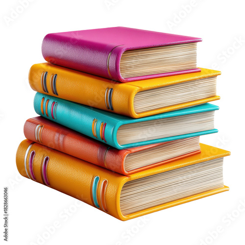 Stack of four colorful books with textured covers and bookmarks, representing education, reading and knowledge on a transparent background