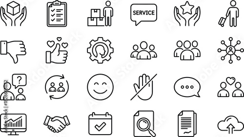 Customer Service, Business Meeting, Feedback, Document Search, HR Management, and Social Connection Outline Line Icons