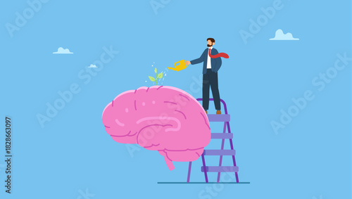 Businessman watering growth seedling on his brain. Growth mindset positive attitude to learn new thing, improvement to success, brain motivation or challenge to achieve goal, learning.