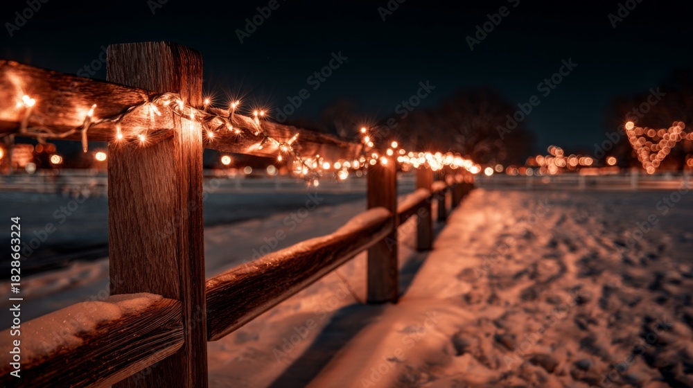 Obraz premium Twinkling Christmas Lights on a Snow-Covered Fence in a Peaceful Winter Night Setting with Bokeh Backgrounds and Cozy Atmosphere