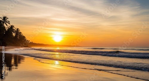 Sunset over sandy beach with golden sky, gentle waves, palm silhouettes, vibrant coastal colors, serene shoreline, and peaceful tropical seascape atmosphere