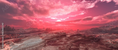 Mars at sunset, panorama of Mars, alien landscape, a panorama of a surface of another planet, 3D rendering