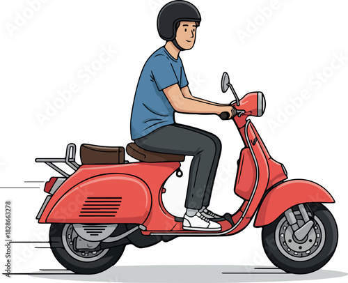 Illustration of a man riding a red scooter with a helmet on a white background.