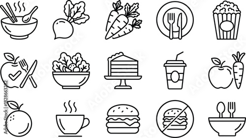 Food, Nutrition, Restaurant Menu, Healthy Eating, Vegetarian, Dessert, Fast Food, and Diet Restriction Line Icons