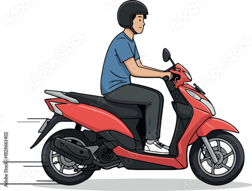 Illustration of a man riding a red scooter with a helmet on a white background.