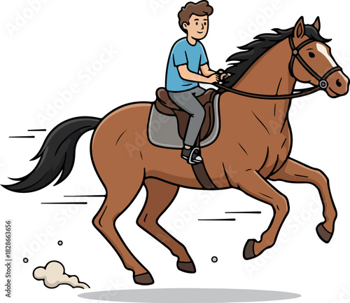 Cartoon illustration of a man riding a brown horse with a saddle and bridle.