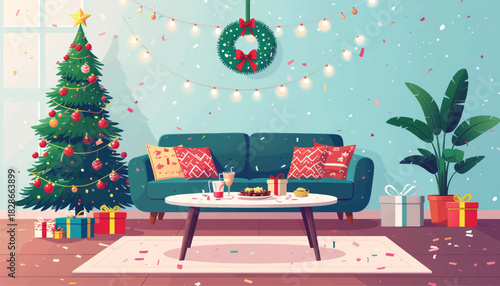 Christmas Living Room Party Scene Flat Vector Illustration