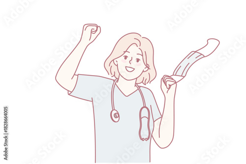 Overjoyed medical specialist take off face mask celebrate end of lockdown. Smiling doctor or nurse remove facial mask feeling optimistic. Vector illustration.