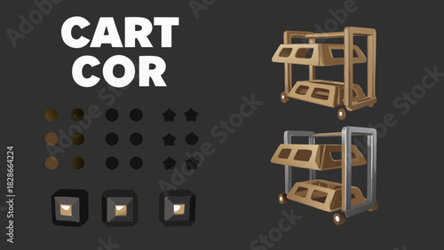 Illustration featuring two utility carts, shapes in rows, and the text cart cor against a dark backdrop