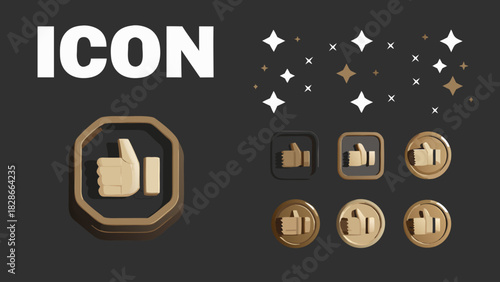 Illustration of thumbs up icons in various styles and shapes on a dark gray background with stars