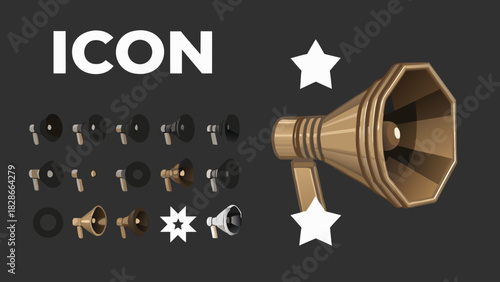 Collection of megaphone icons in various styles and colors with stars on a dark gray background scene